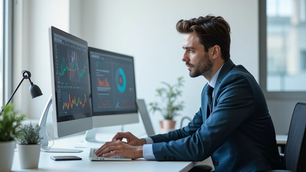 Профессиональная фотография современного рабочего пространства маркетолога с компьютером и аналитикой на экране