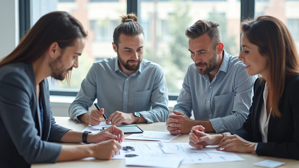 Профессиональное изображение команды маркетологов обсуждающей стратегию вокруг стола