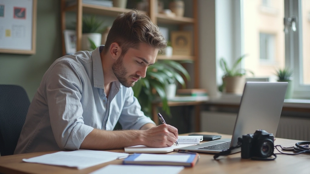 Фотография рабочего процесса создания контента для маркетинга с блокнотом и камерой