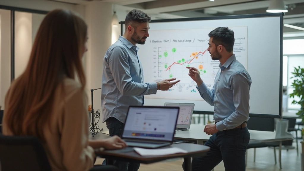 Команда маркетологов обсуждает стратегию и просматривает графики роста
