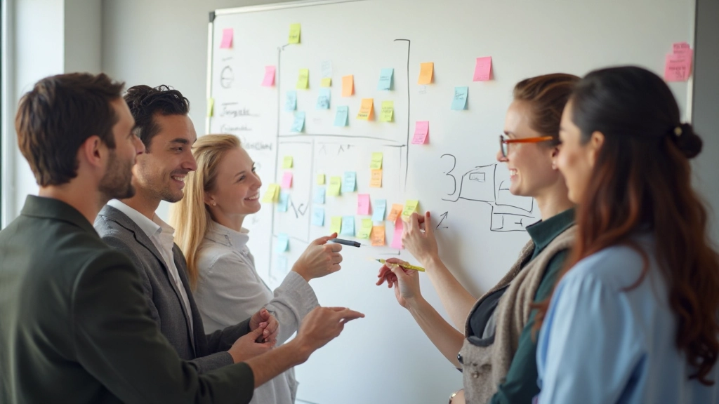 Команда планирует маркетинговую стратегию с использованием доски и стикеров
